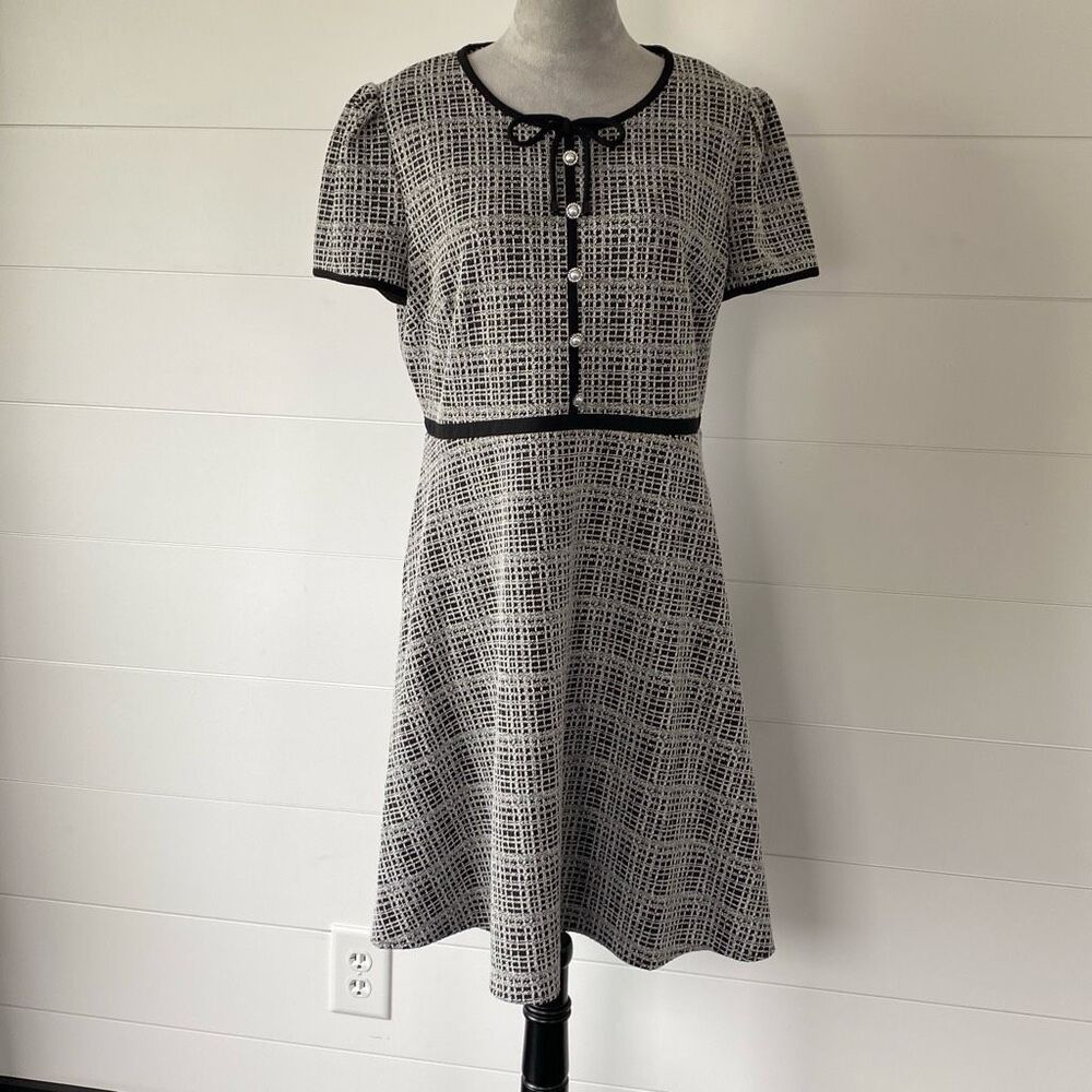 Karl Lagerfeld Plaid Black Fit &Flare Dress Crytal Pearl Button Bow Tie NWT/0289
